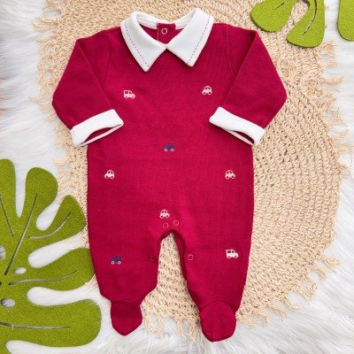 Macacão Tricotil (Tricot 100% Algodão) com Gola e Bordado - Vermelho Carrinhos
